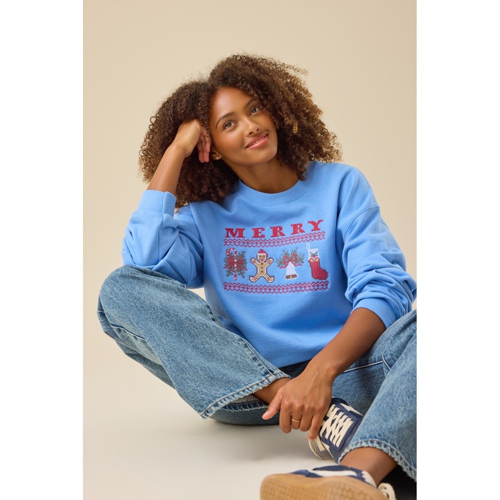 Altar'd State Merry Christmas Embroidered Sweatshirt Blue Holiday Size XS/S